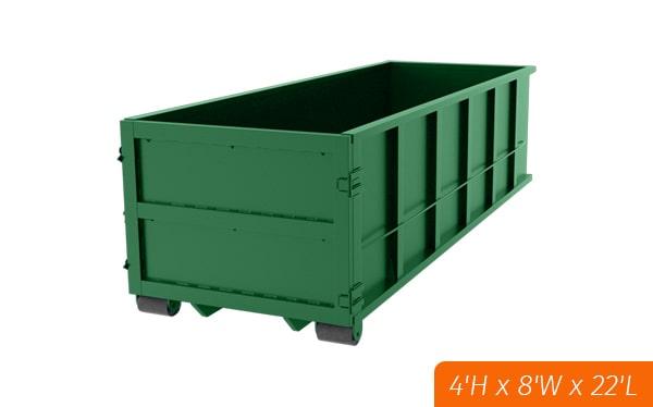 the 20-yard dumpsters have the capacity to hold up to 20 cubic yards of material with a weight limit of 3 to 4 tons